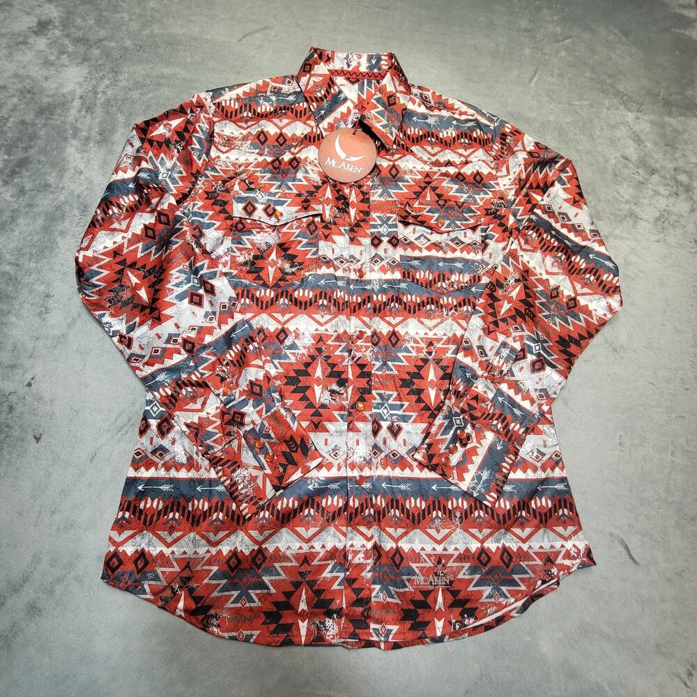 McAllen Shirt Mens S Red Geometric Long Sleeve Button Up Western Rodeo Stretch